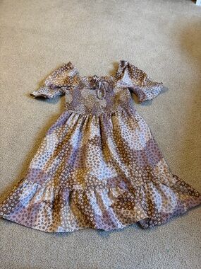 Blush Lavender & Brown Floral Puff Sleeve Midi Dress